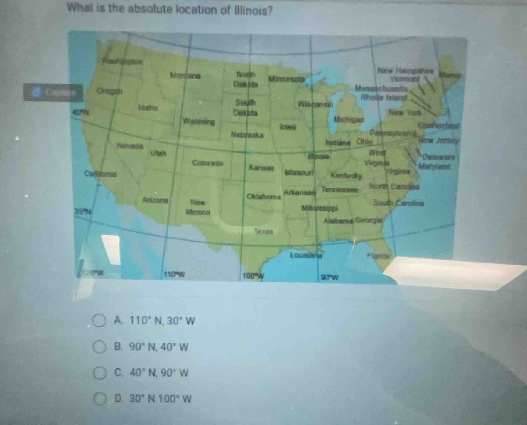 what is the absolute location of illinois? a. $110^\\circ$ n, $30^\\cir…