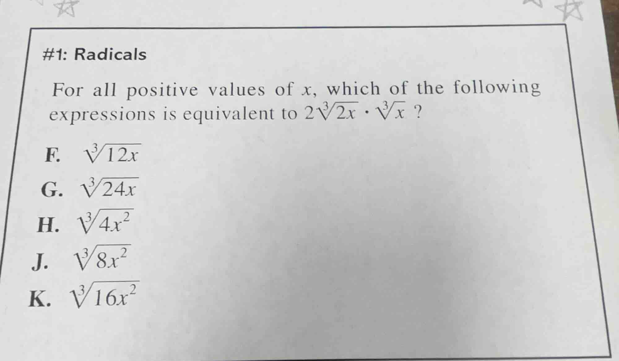 #1: radicals for all positive values of $x$, which of the following exp…