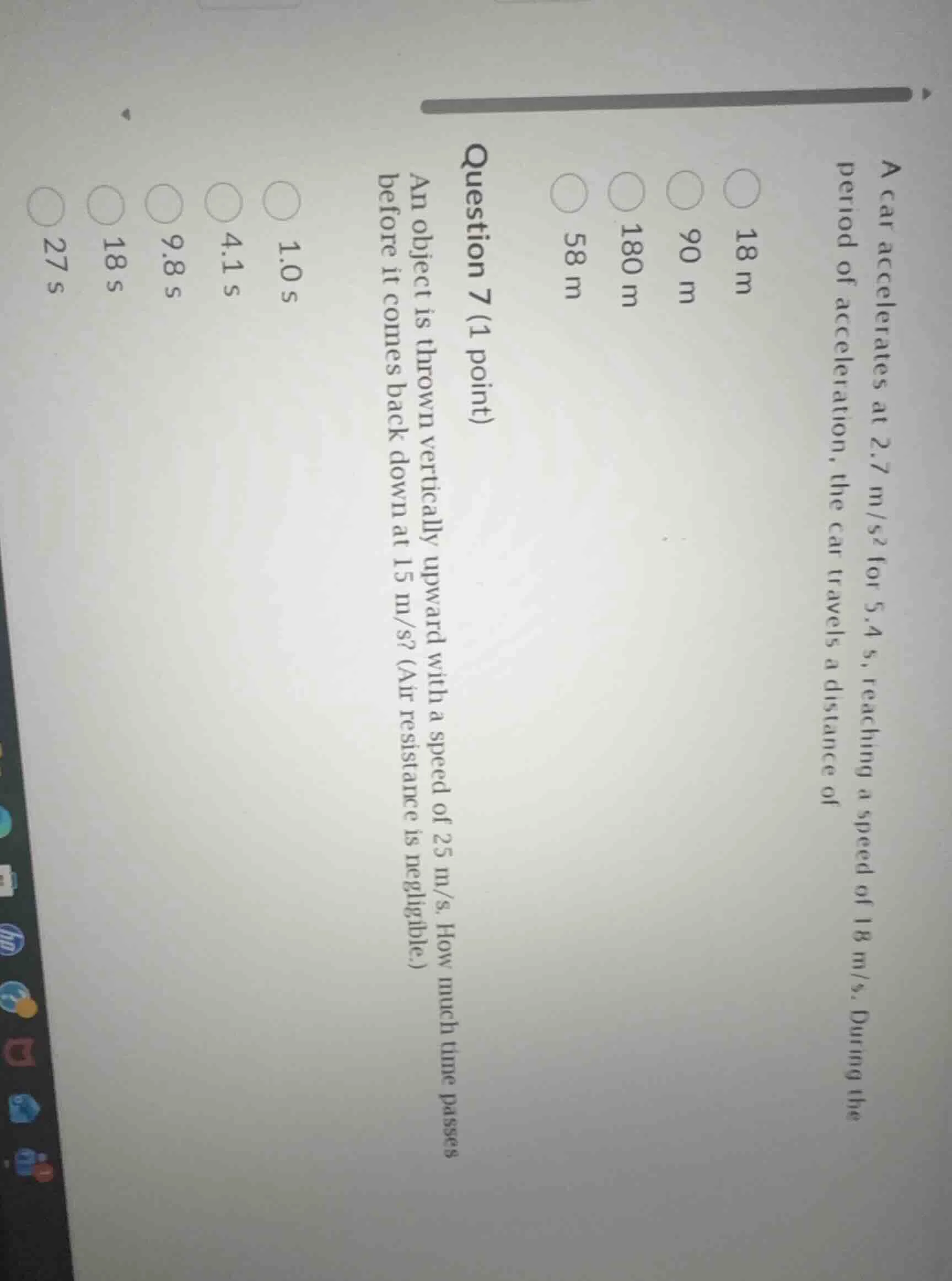 a car accelerates at $2.7\\ \\text{m/s}^2$ for $5.4\\ \\text{s}$, reach…