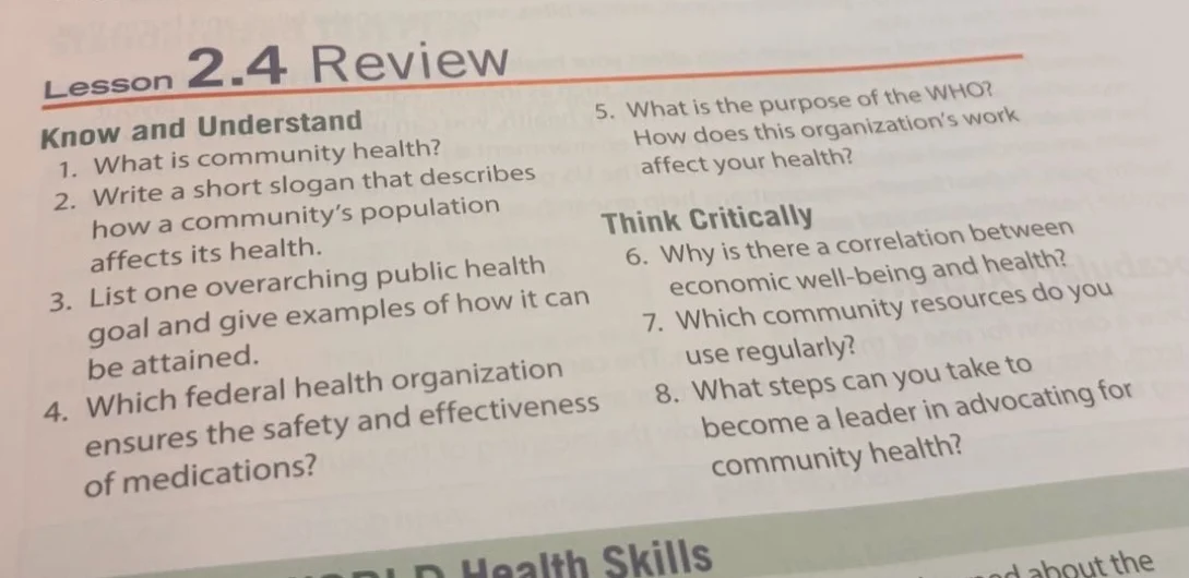 lesson 2.4 review know and understand 1. what is community health? 2. w…