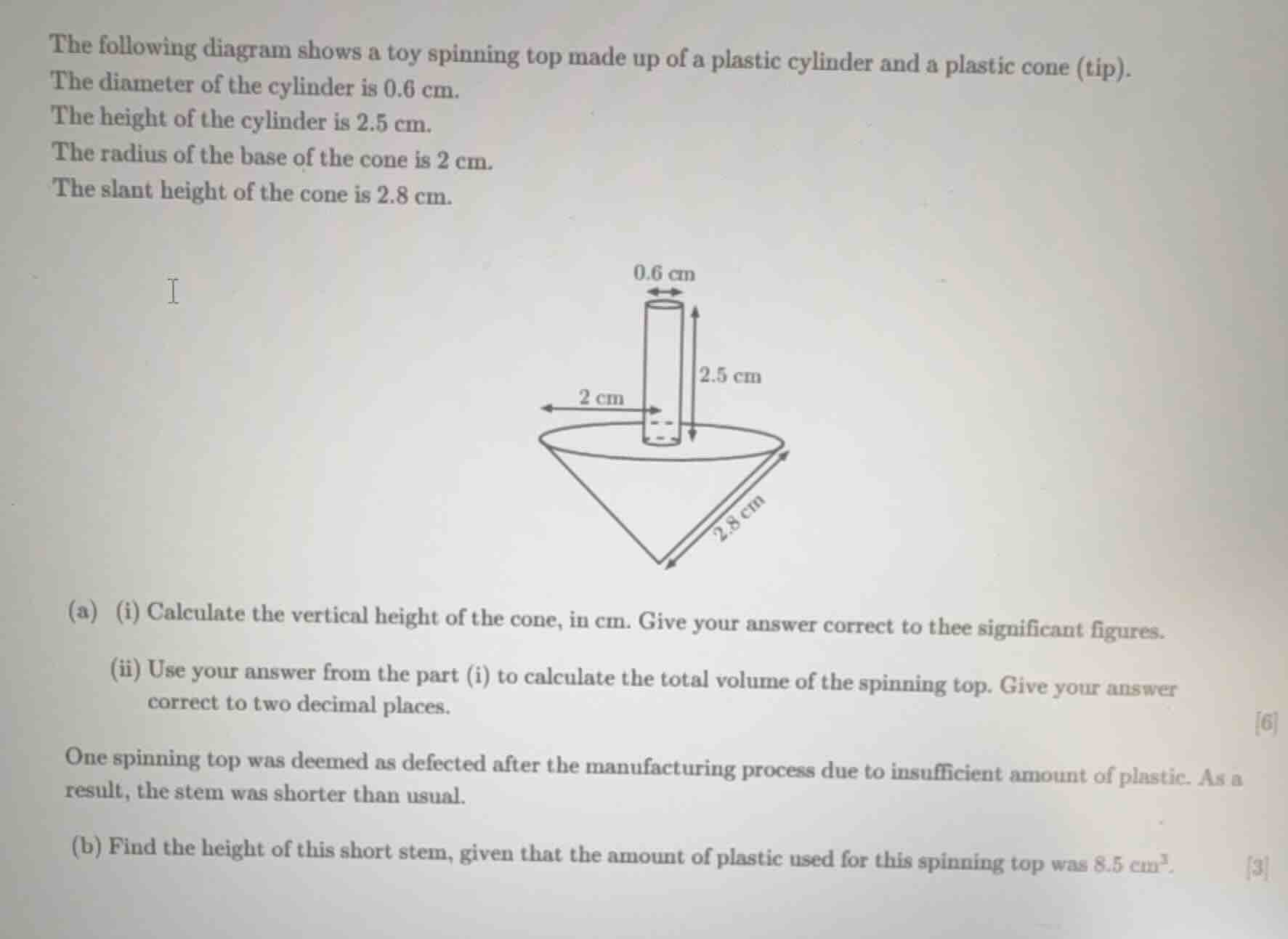 the following diagram shows a toy spinning top made up of a plastic cyl…