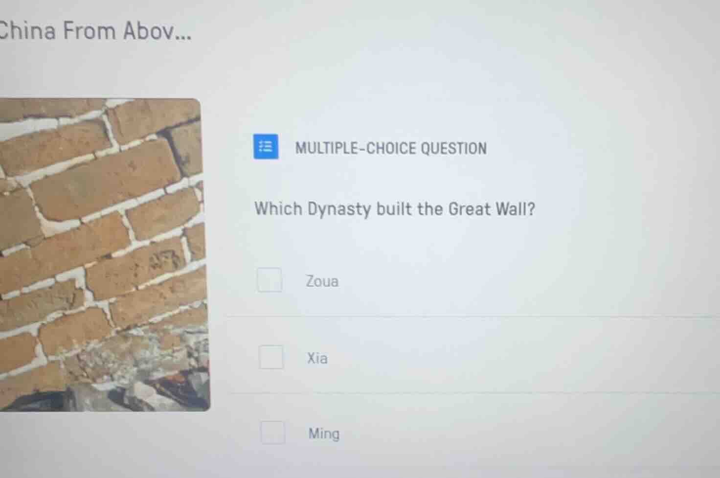 multiple-choice question which dynasty built the great wall? zoua xia m…
