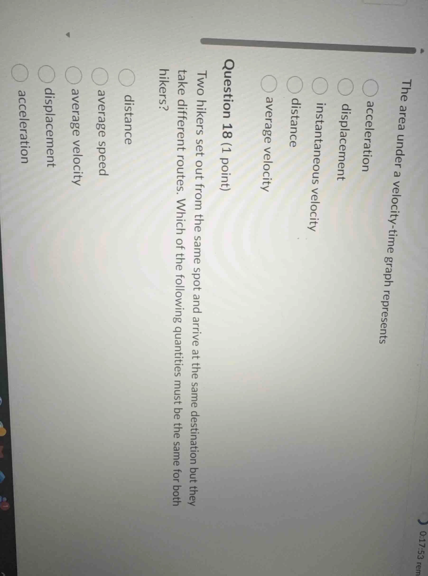 the area under a velocity-time graph represents ○ acceleration ○ displa…