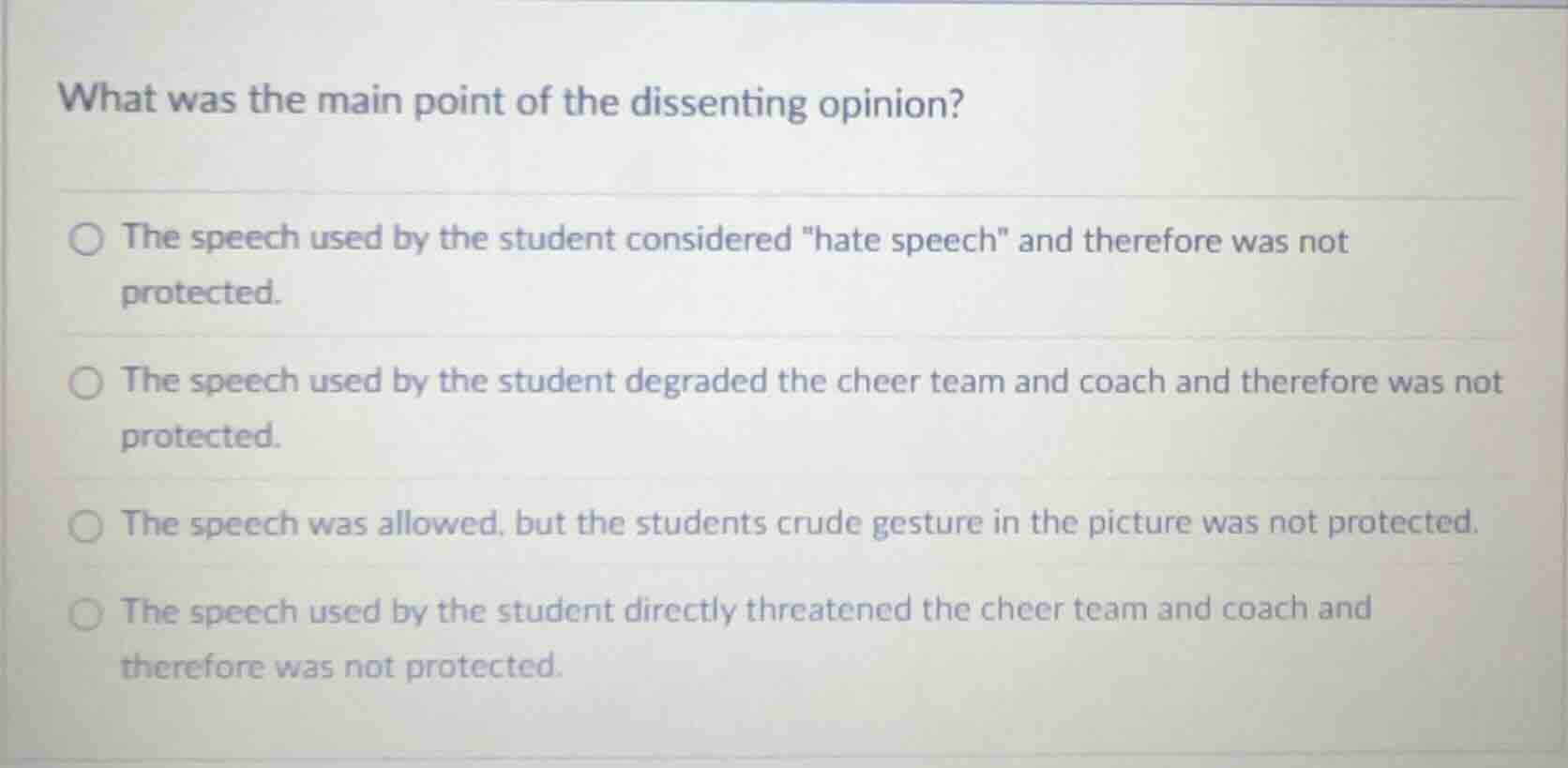 what was the main point of the dissenting opinion? ○ the speech used by…