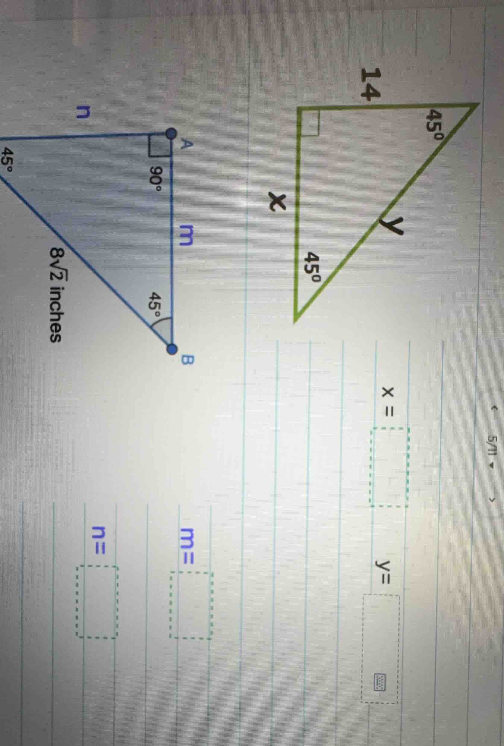 for the blue right triangle with a 45° angle: side length is $8\\sqrt{2…