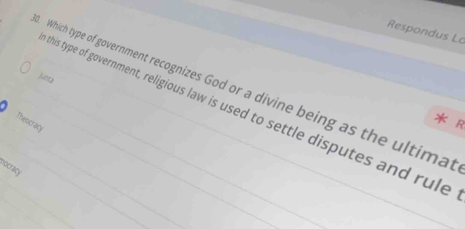 30. which type of government recognizes god or a divine being as the ul…