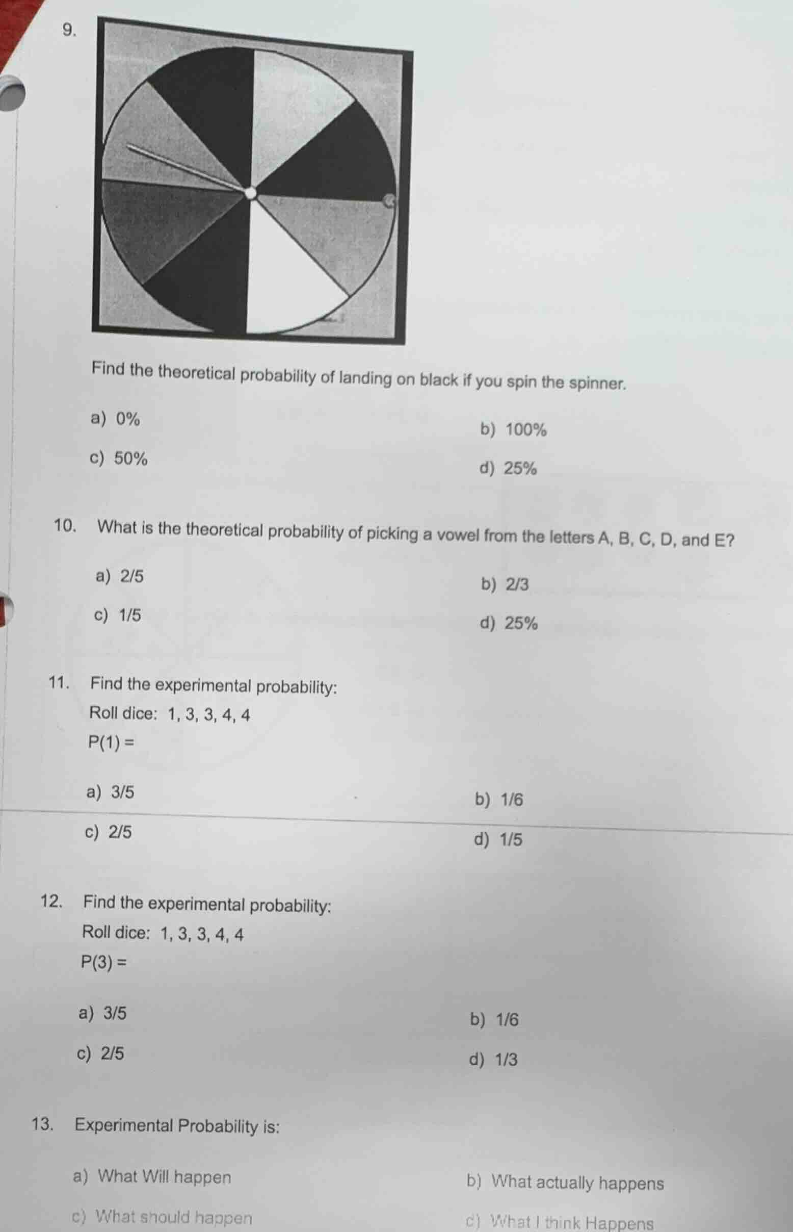 9. find the theoretical probability of landing on black if you spin the…