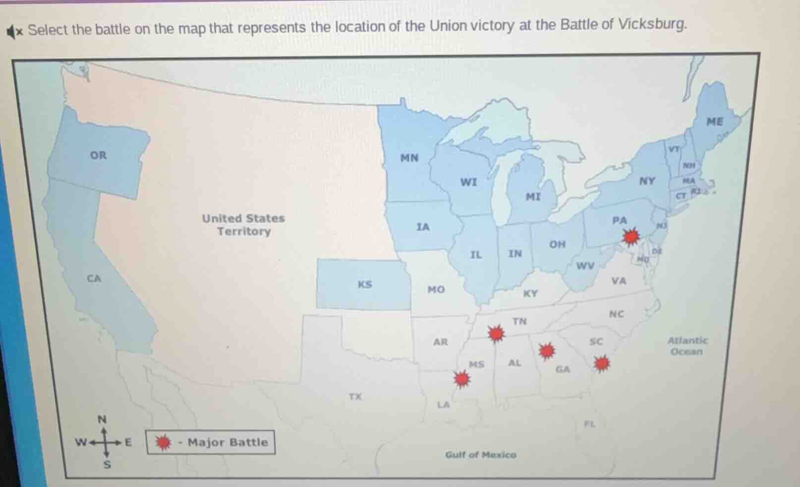 select the battle on the map that represents the location of the union …