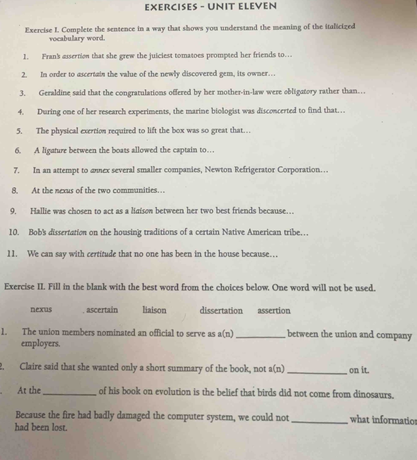 exercises - unit eleven exercise i. complete the sentence in a way that…