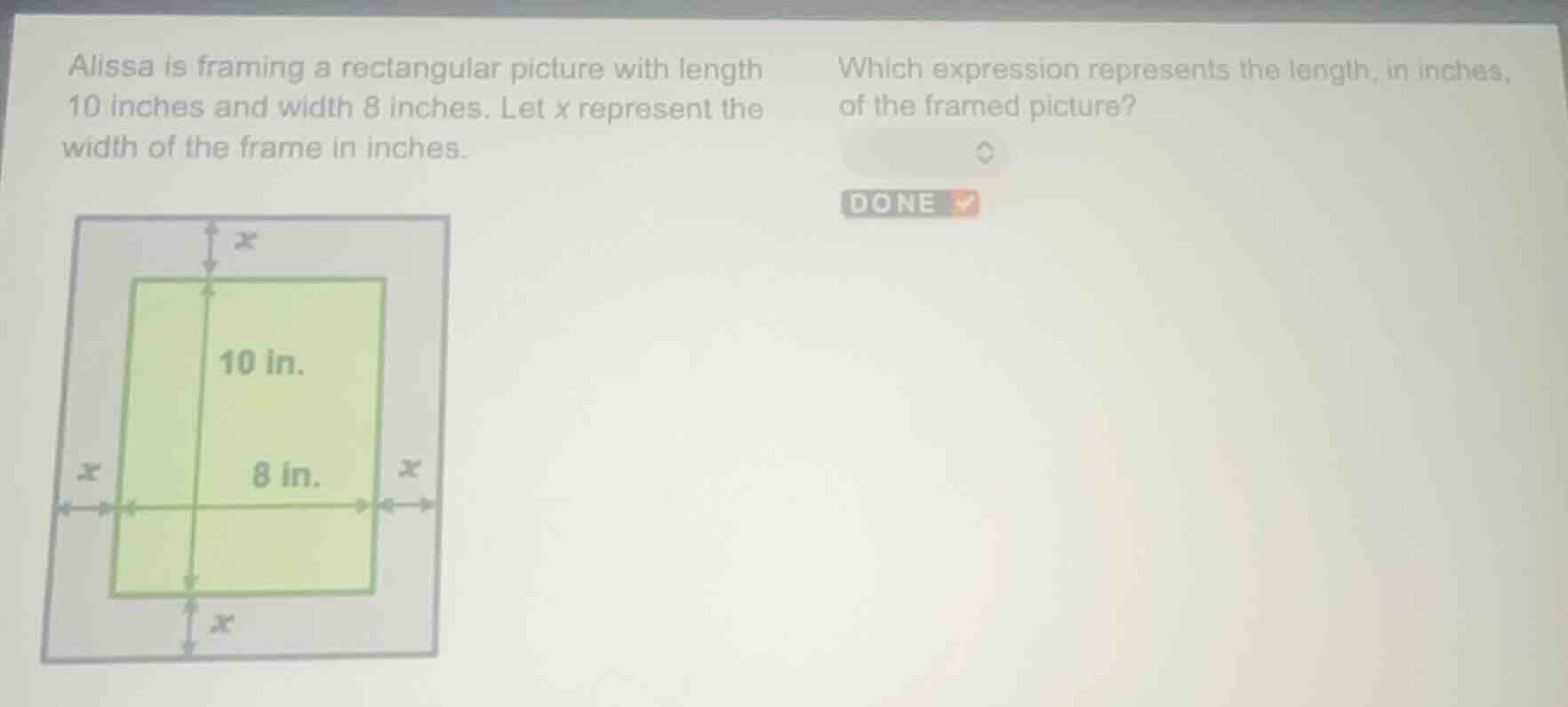 alissa is framing a rectangular picture with length 10 inches and width…