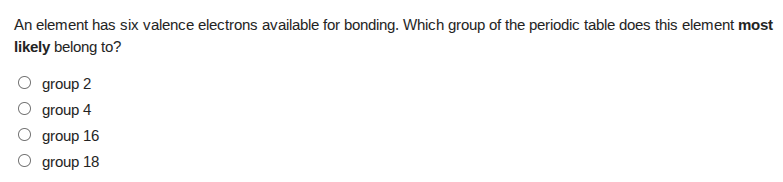 an element has six valence electrons available for bonding. which group…