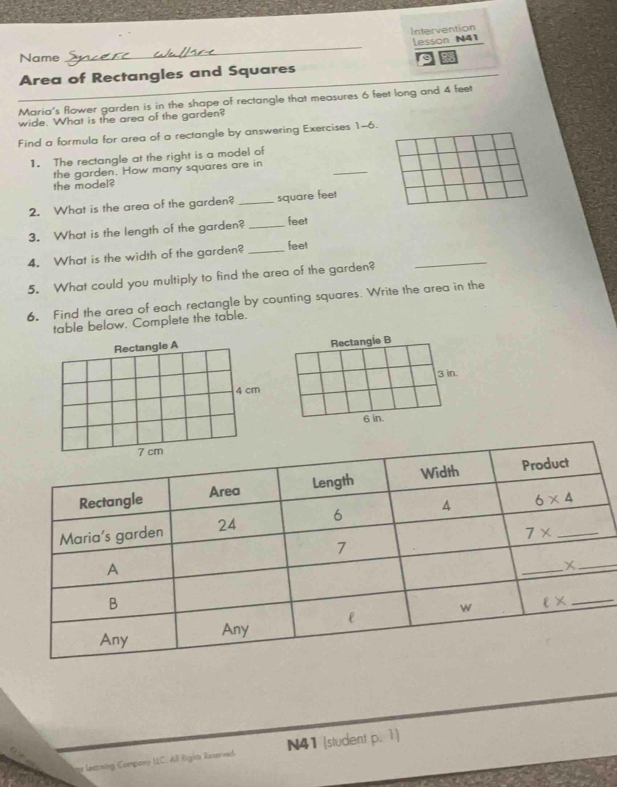 namearea of rectangles and squaresinterventionlesson n41marias flower g…