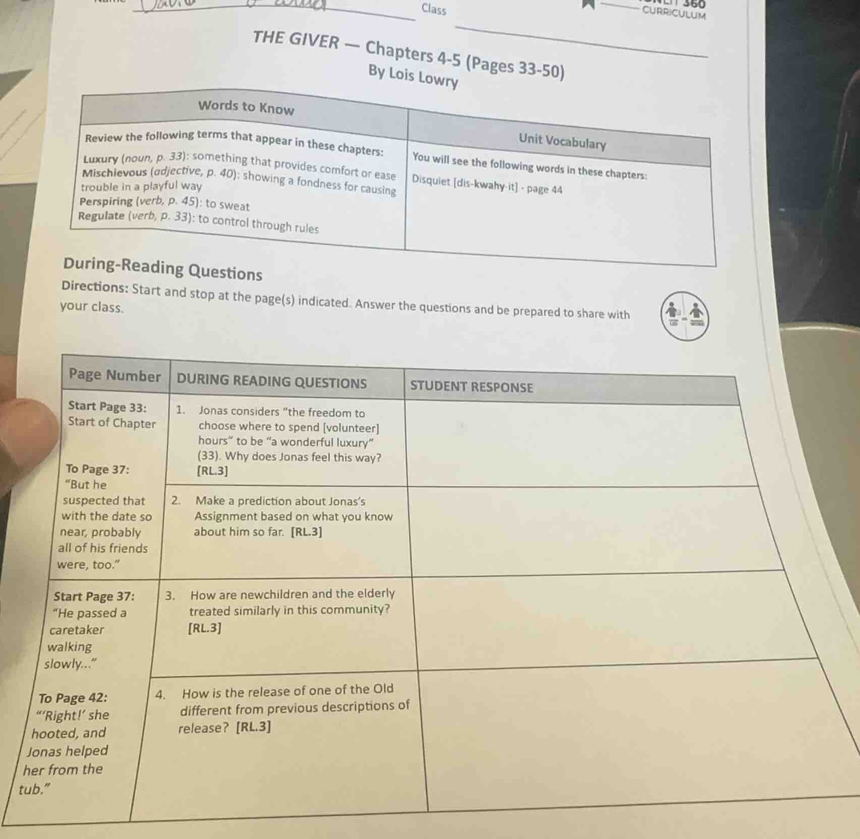 nameclasscurriculumthe giver — chapters 4-5 (pages 33-50)by lois lowryw…