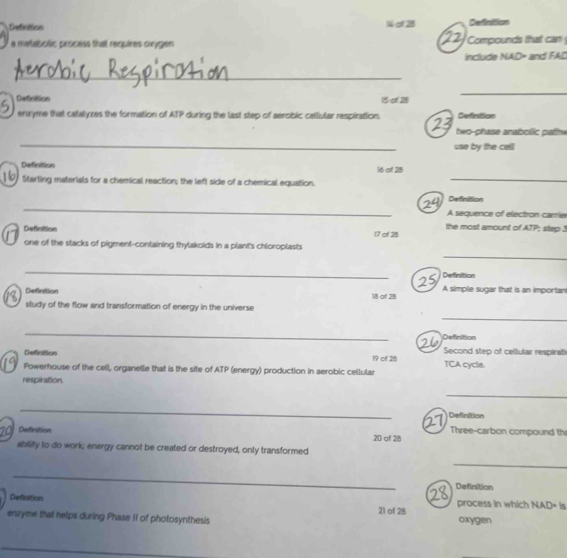 14 of 28 definition a metabolic process that requires oxygen aerobic re…