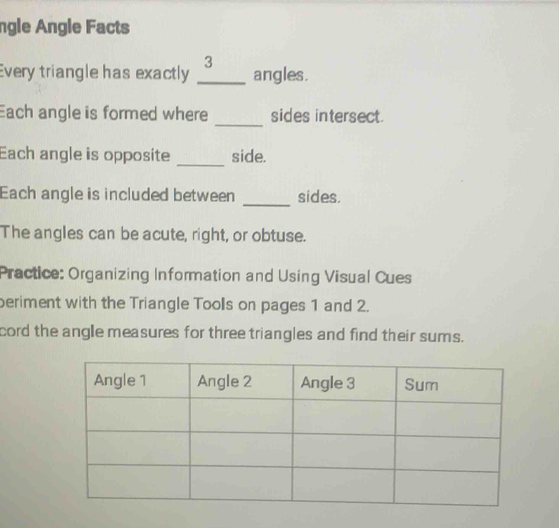 ngle angle facts every triangle has exactly $\boldsymbol{3}$ angles. ea…