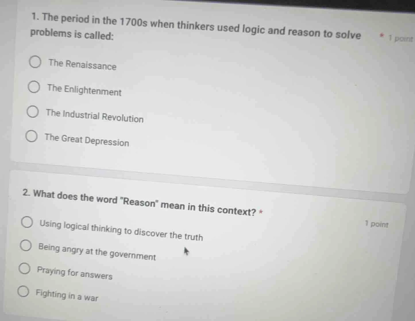 1. the period in the 1700s when thinkers used logic and reason to solve…