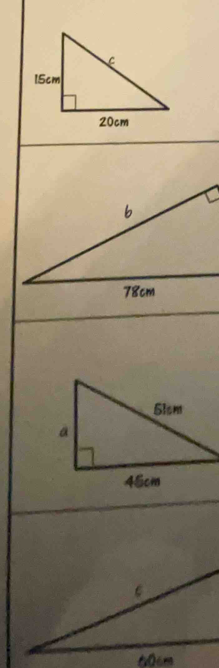 1. calculate the length of side ( c ) in a right triangle with legs 15c…