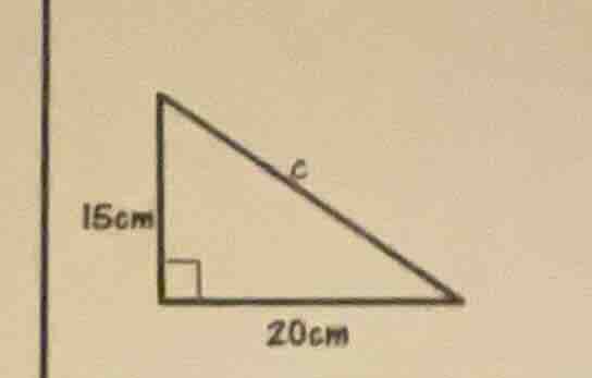find the length of side $c$ in the right triangle with legs 15cm and 20…