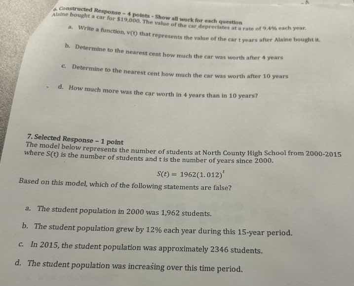 6. constructed response - 4 points - show all work for each question al…