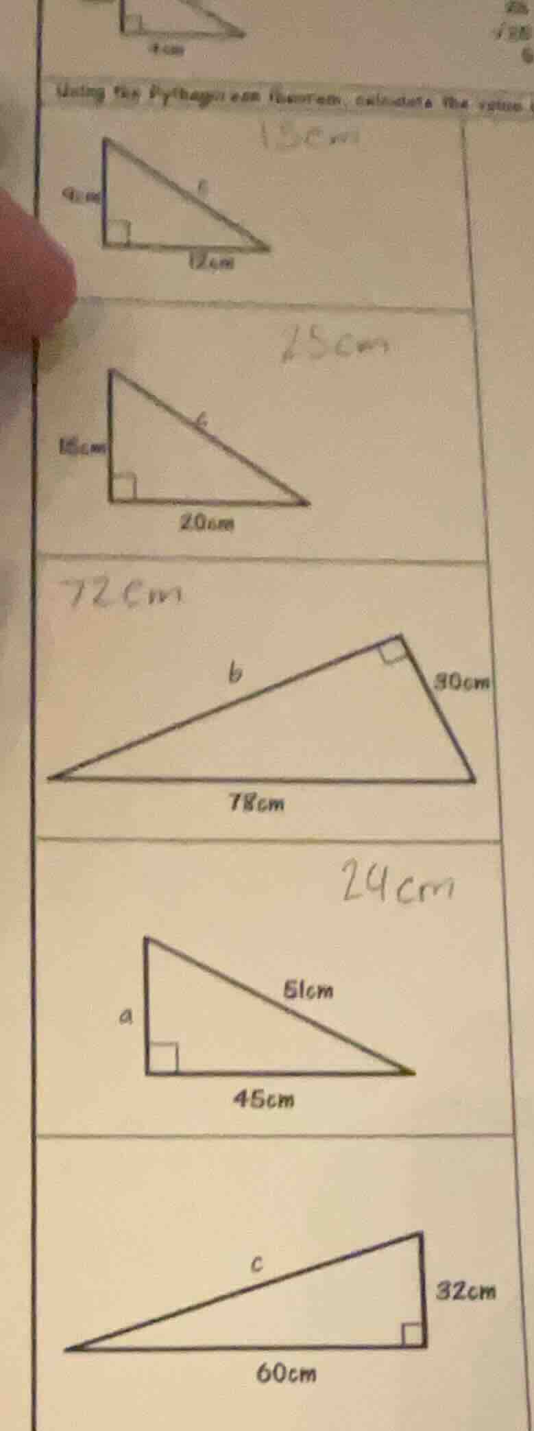 using the pythagorean theorem, calculate the value:1. right triangle wi…