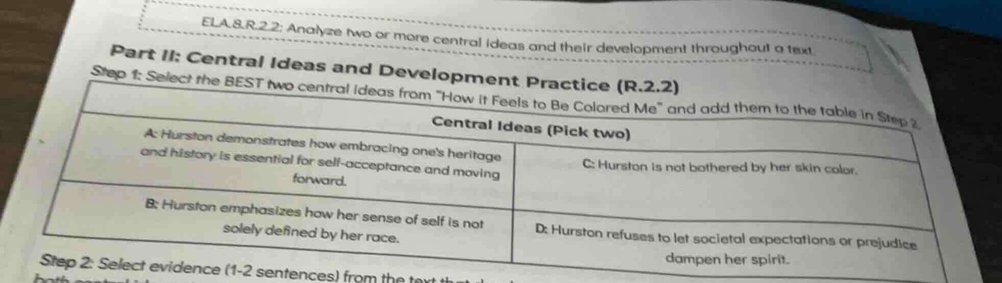 ela.8.r.2.2: analyze two or more central ideas and their development th…