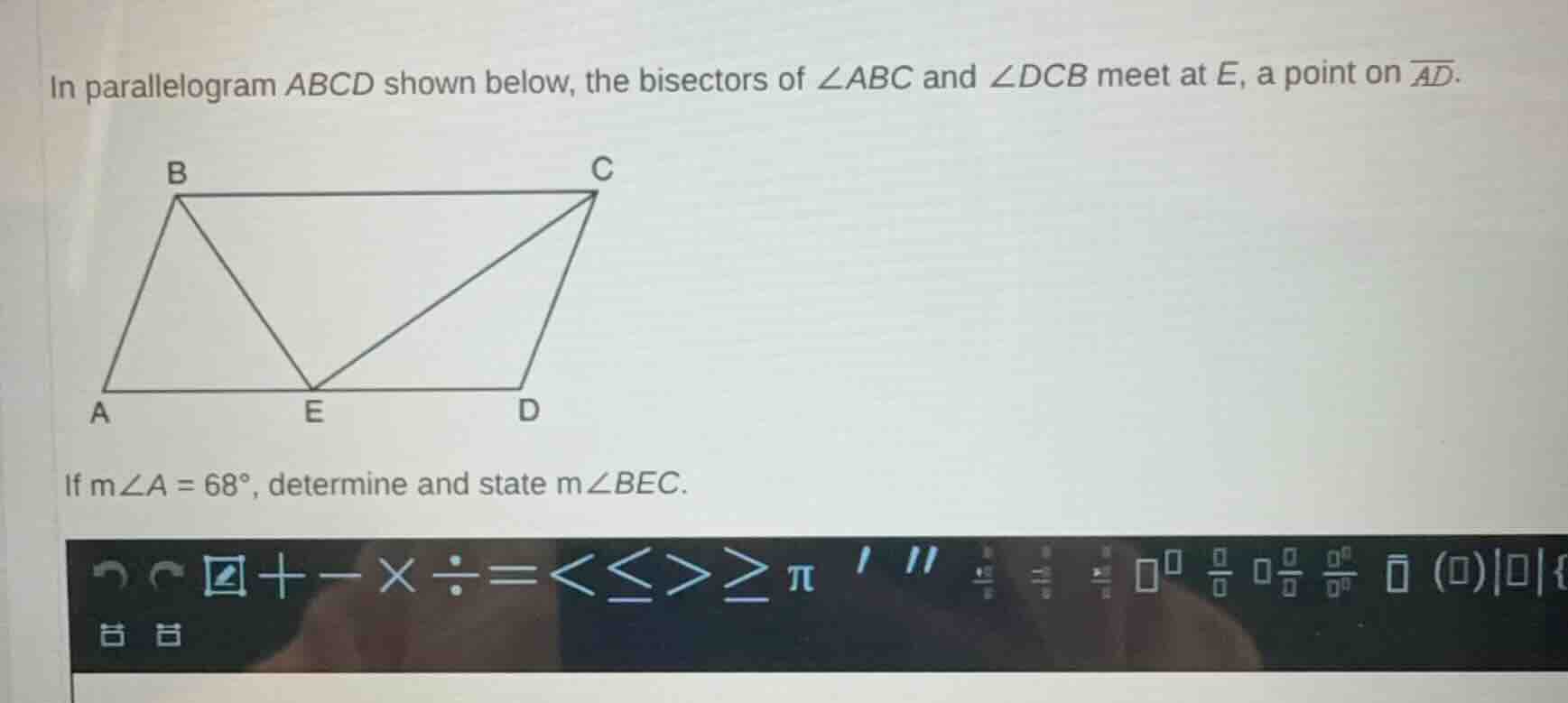 in parallelogram abcd shown below, the bisectors of $angle abc$ and $an…