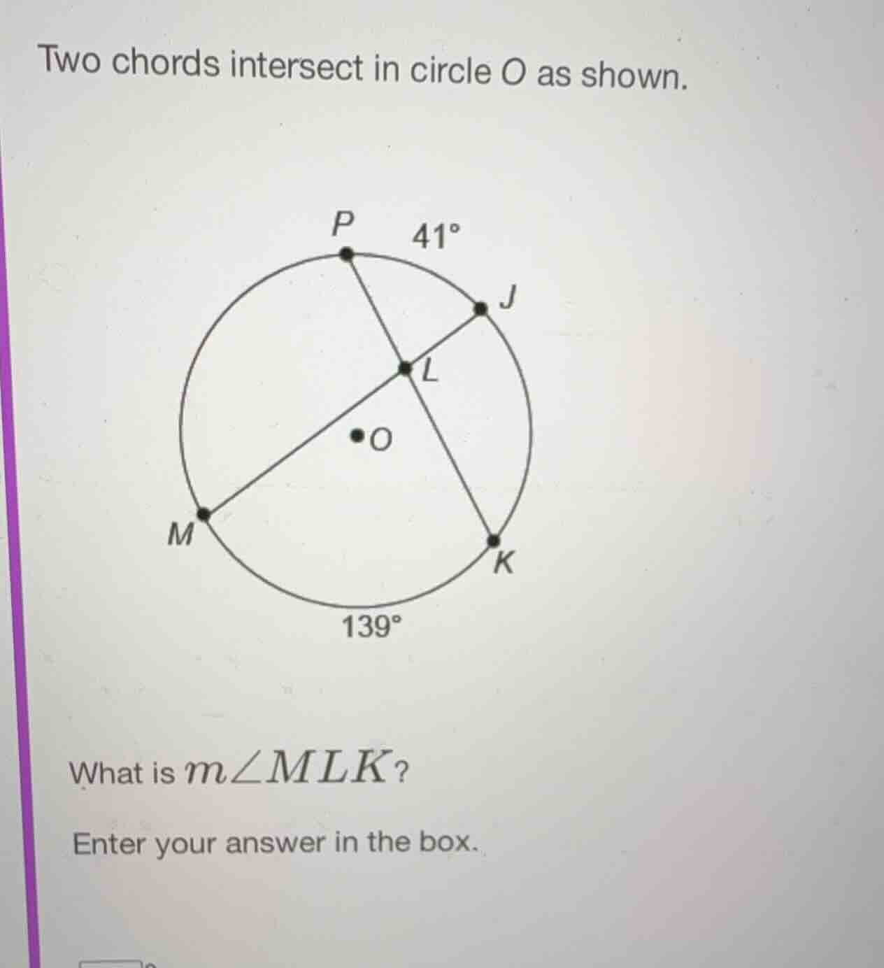 two chords intersect in circle o as shown. what is $m\\angle mlk$? ente…