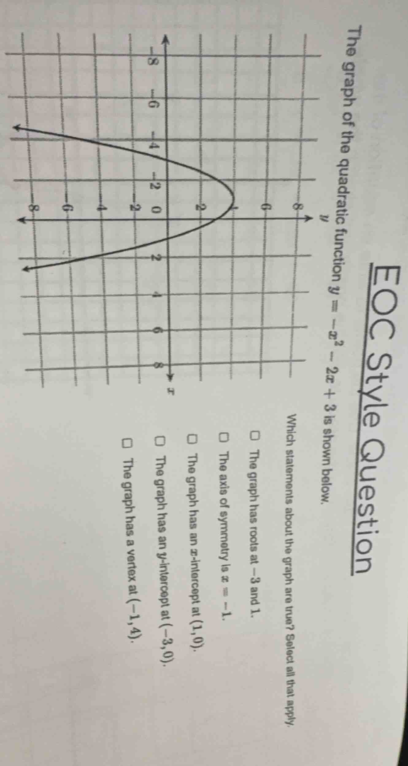 eoc style question the graph of the quadratic function $y = -x^2 - 2x +…