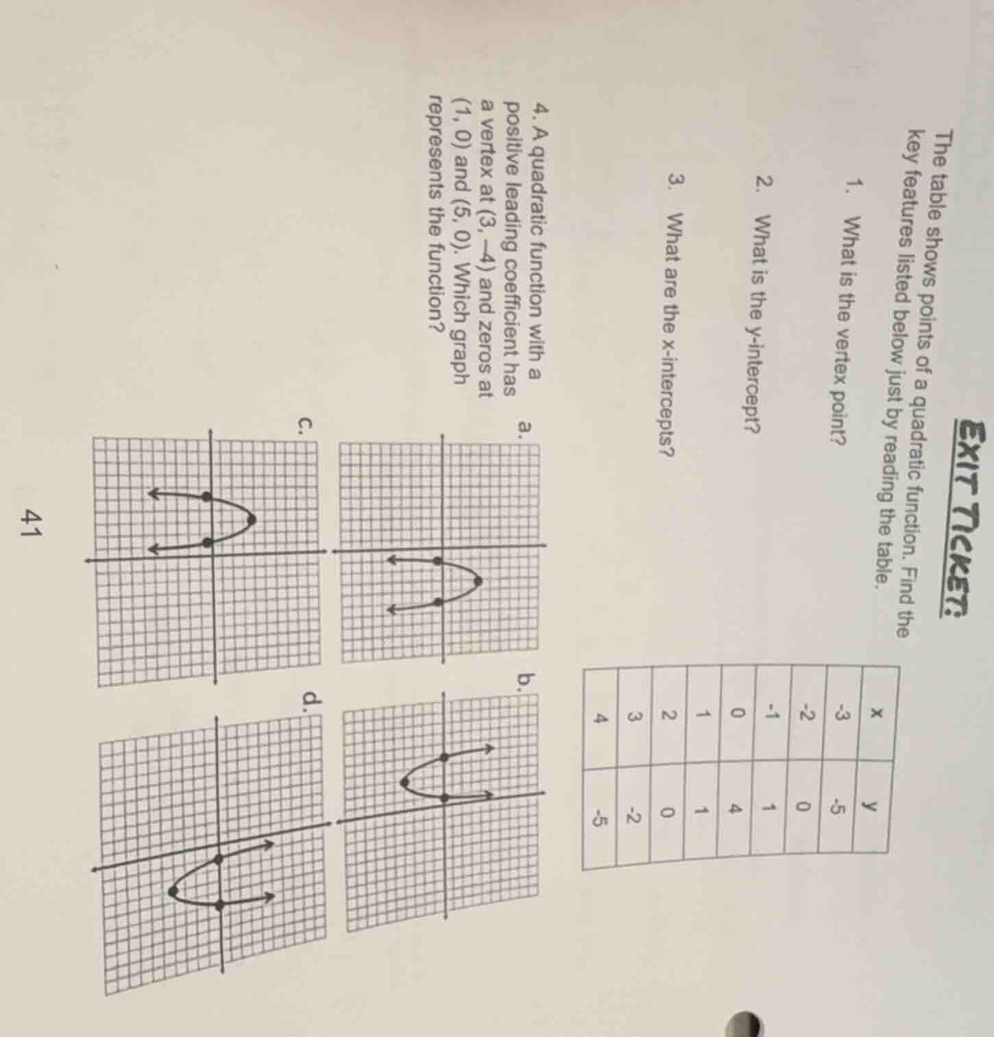 exit ticket:the table shows points of a quadratic function. find the ke…