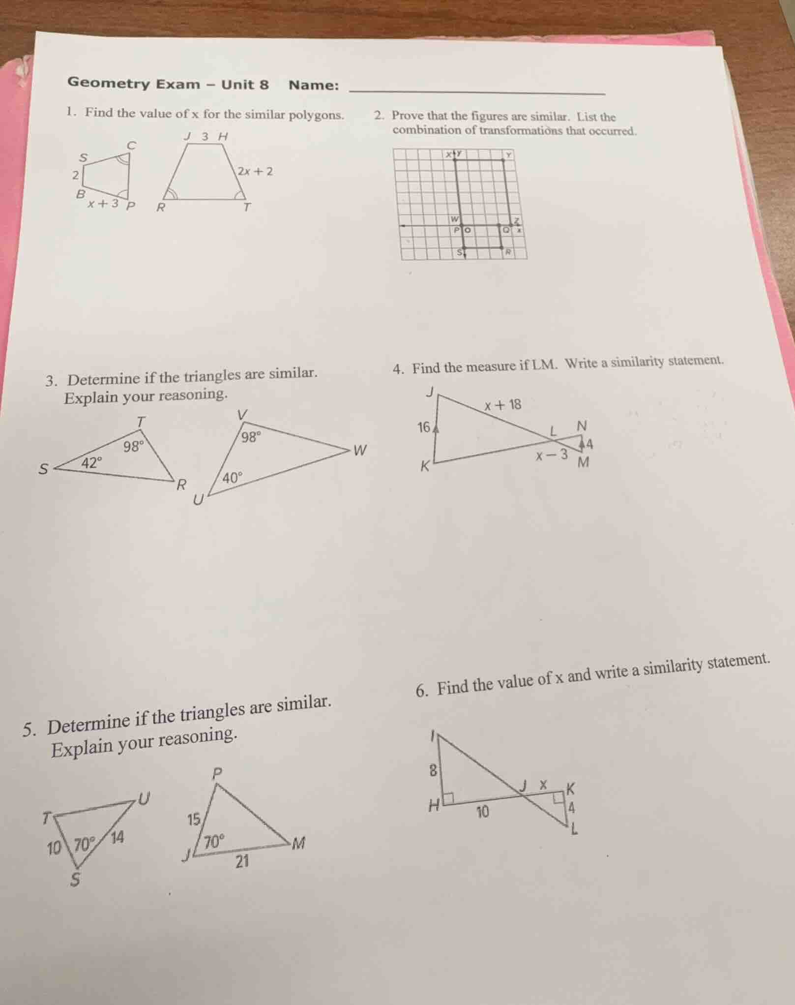 geometry exam - unit 8 name: 1. find the value of x for the similar pol…