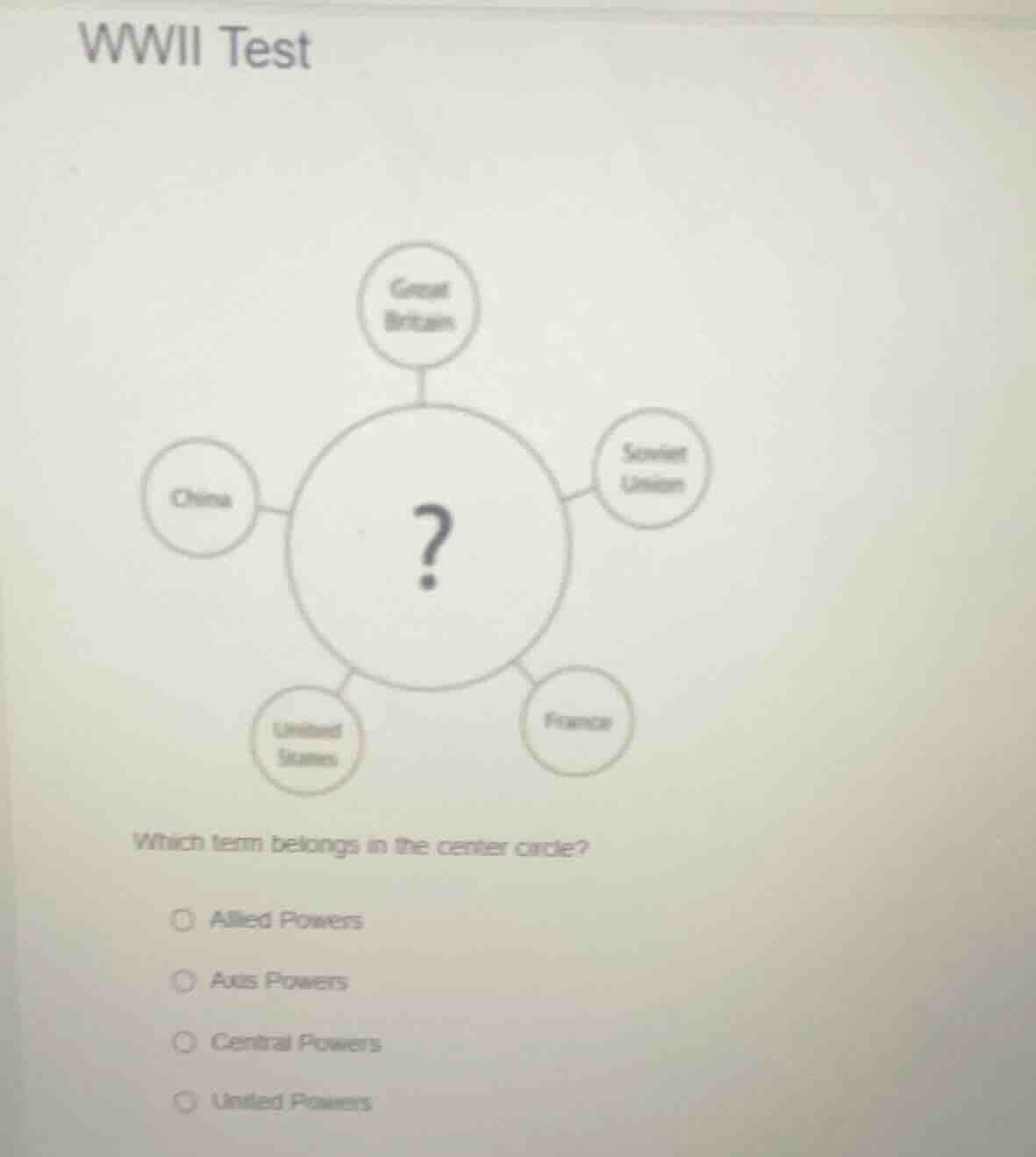 wwii test which term belongs in the center circle? allied powers axis p…