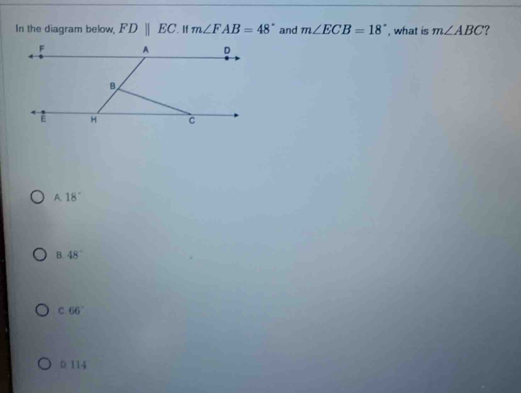 in the diagram below, $fd \\parallel ec$. if $m\\angle fab = 48^\\circ$…
