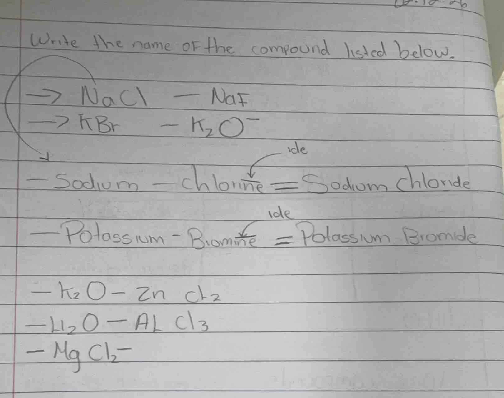 write the name of the compound listed below. -> nacl - naf -> kbr - $k_…