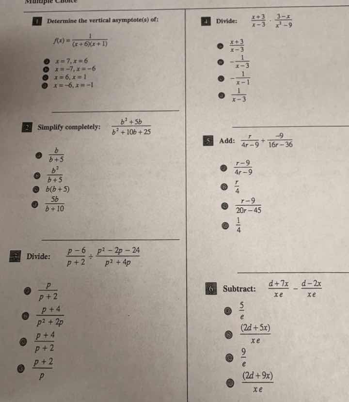 multiple choice 1 determine the vertical asymptote(s) of: $f(x)=\\frac{…