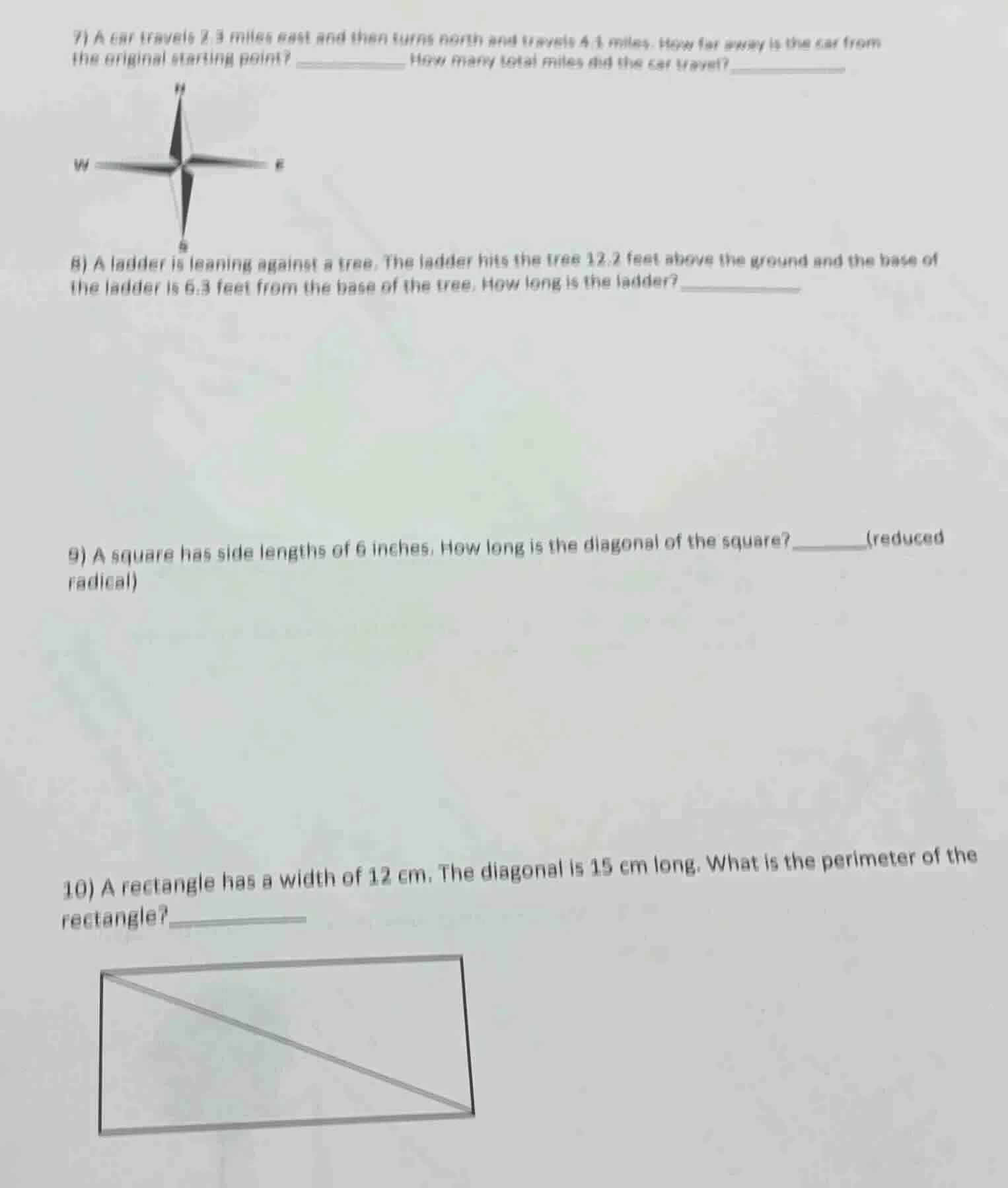 7) a car travels 2.3 miles east and then turns north and travels 4.1 mi…