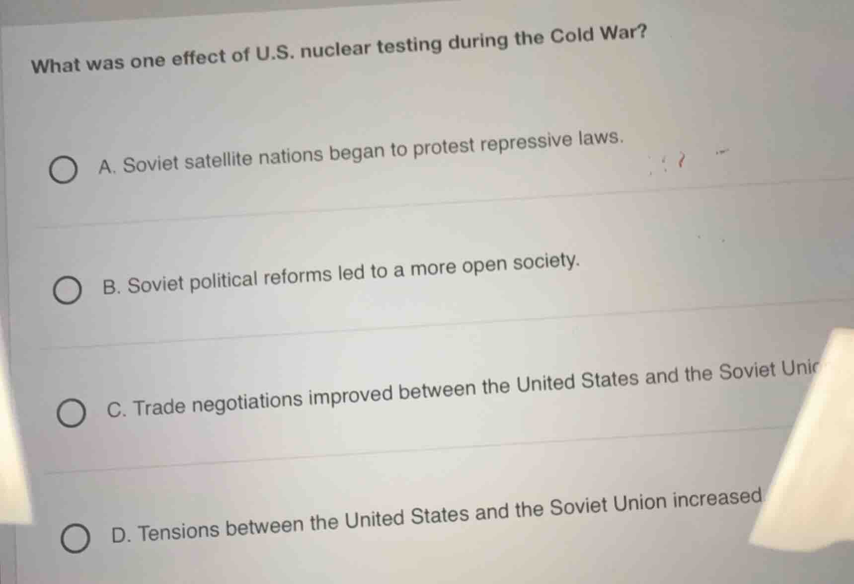 what was one effect of u.s. nuclear testing during the cold war? a. sov…