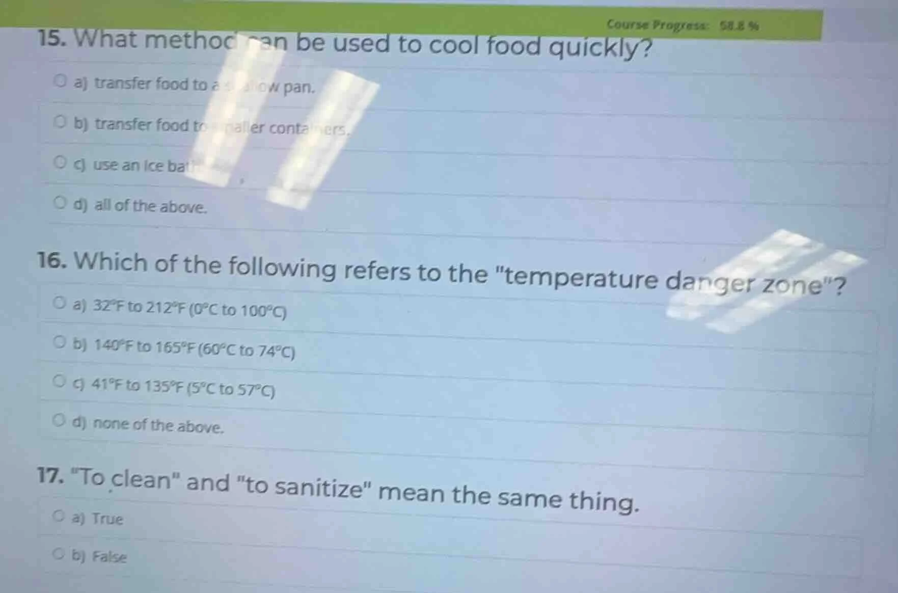 course progress: 58.8 % 15. what method can be used to cool food quickl…
