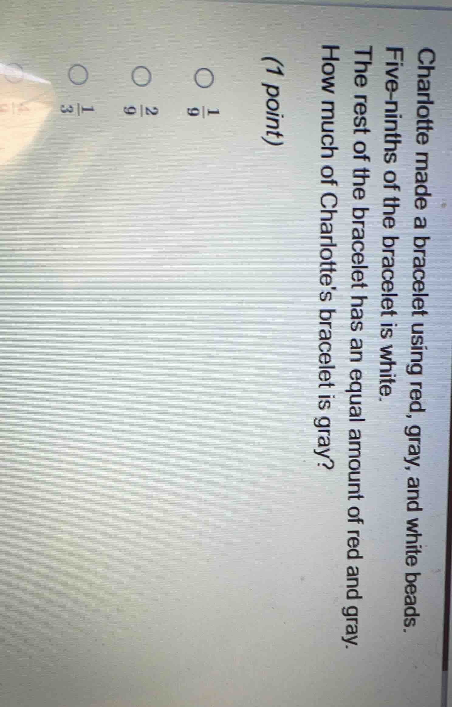 (1 point) charlotte made a bracelet using red, gray, and white beads. f…