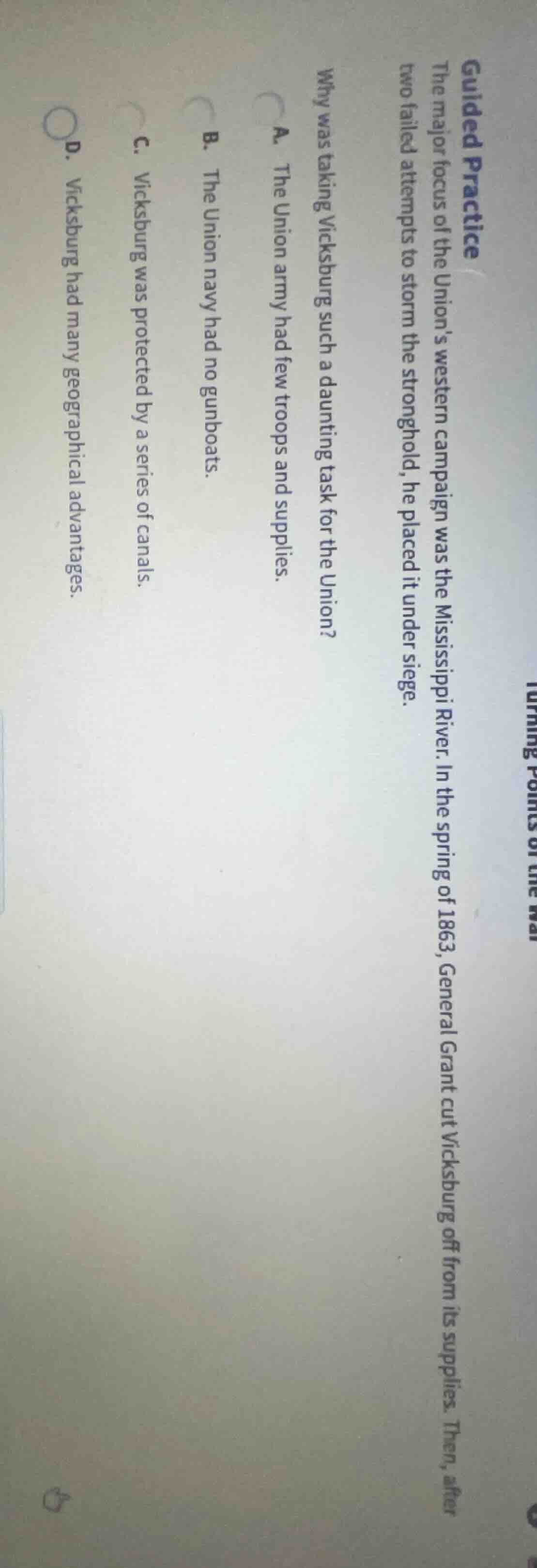 guided practice the major focus of the unions western campaign was the …