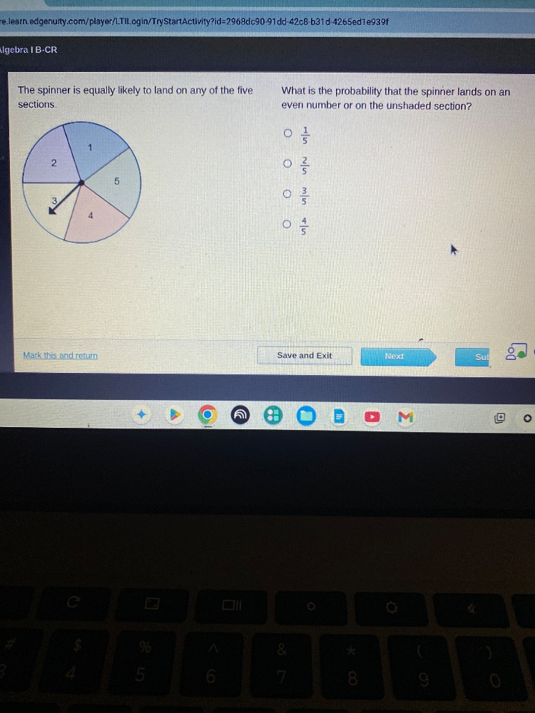 algebra i b-cr the spinner is equally likely to land on any of the five…