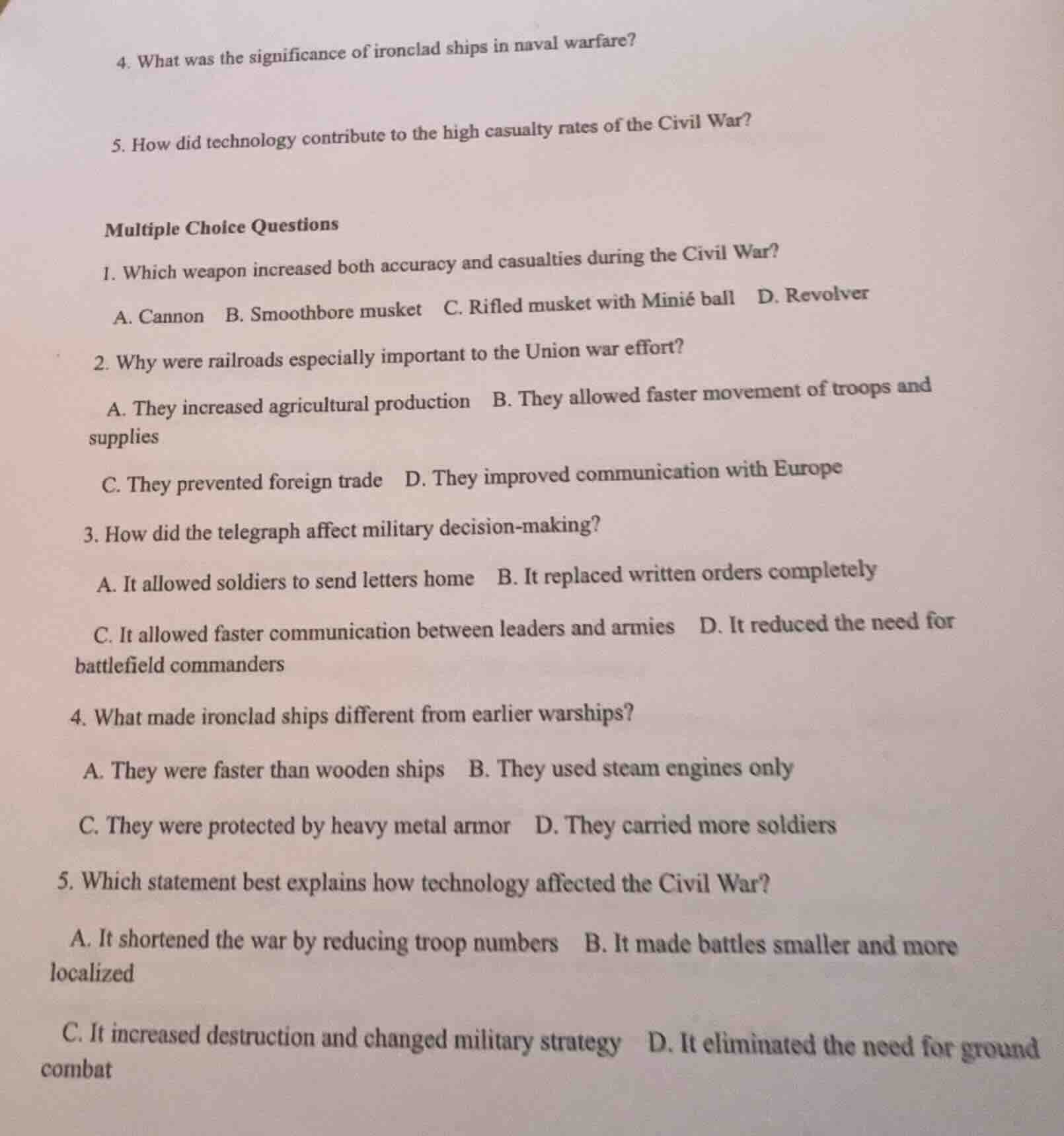 4. what was the significance of ironclad ships in naval warfare?5. how …