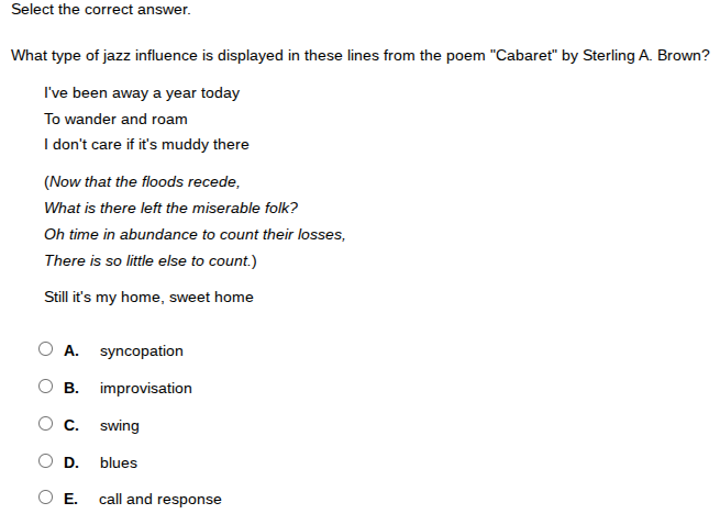select the correct answer. what type of jazz influence is displayed in …
