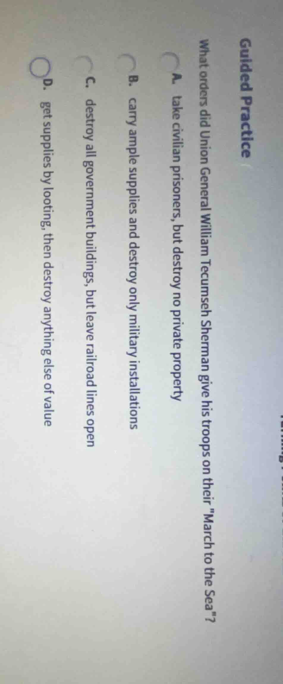 guided practice what orders did union general william tecumseh sherman …