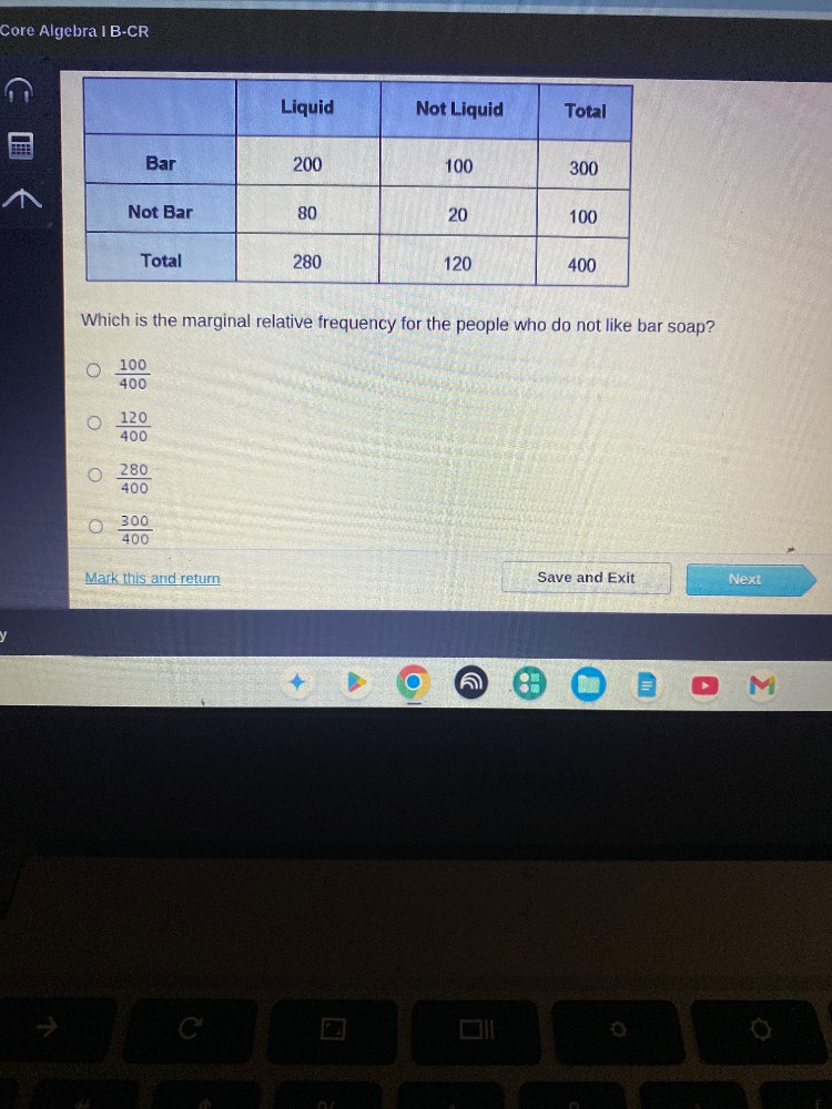 core algebra i b-cr liquid not liquid total bar 200 100 300 not bar 80 …