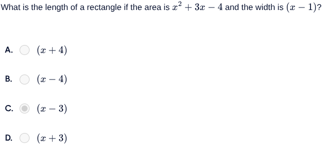 what is the length of a rectangle if the area is $x^2 + 3x - 4$ and the…