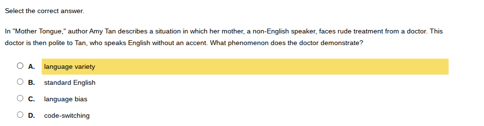 select the correct answer. in \mother tongue,\ author amy tan describes…