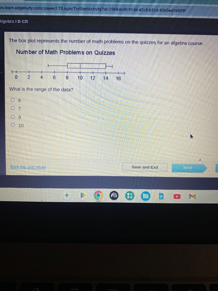 algebra i b-cr the box plot represents the number of math problems on t…