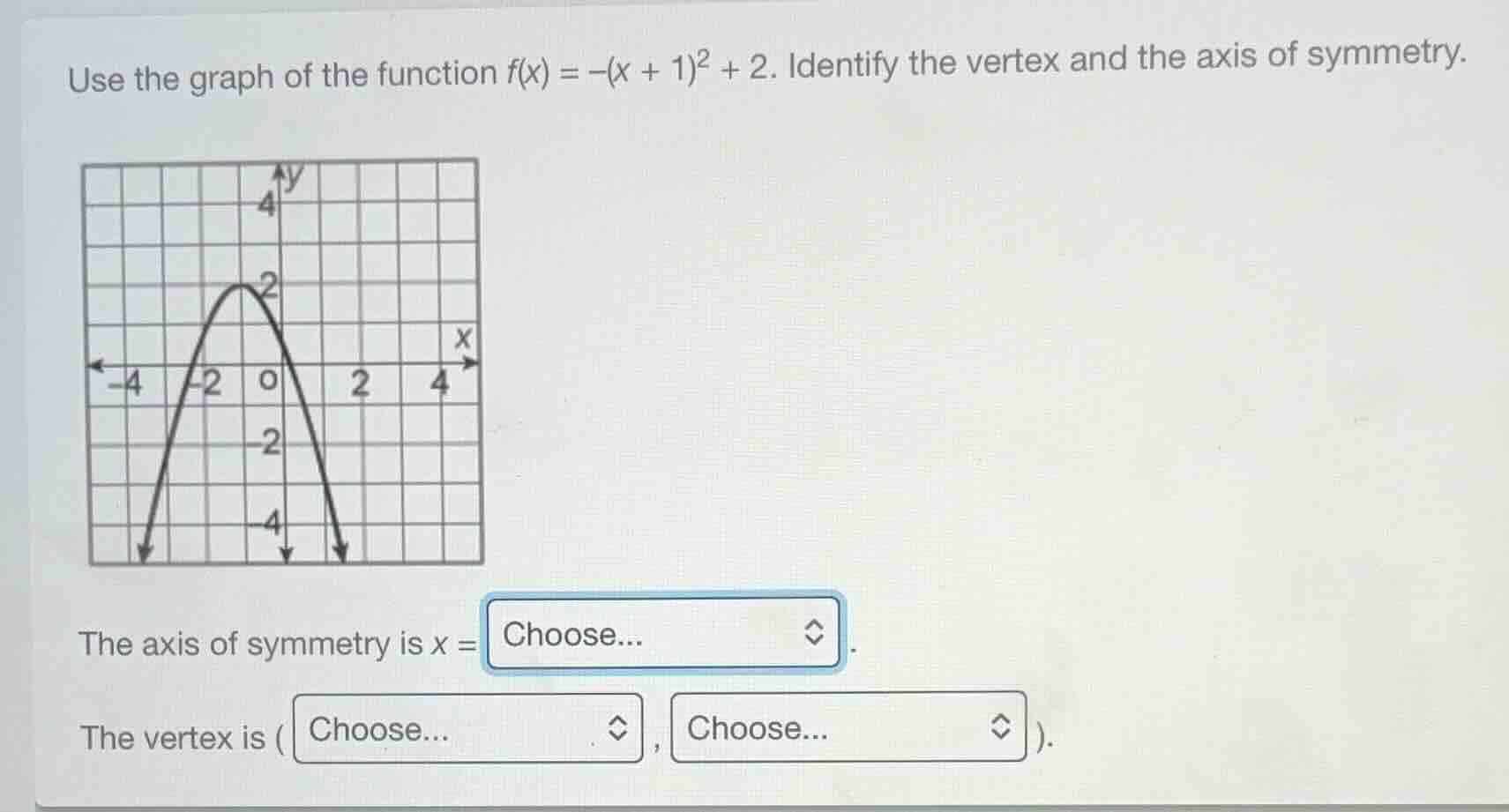 use the graph of the function $f(x) = -(x + 1)^2 + 2$. identify the ver…
