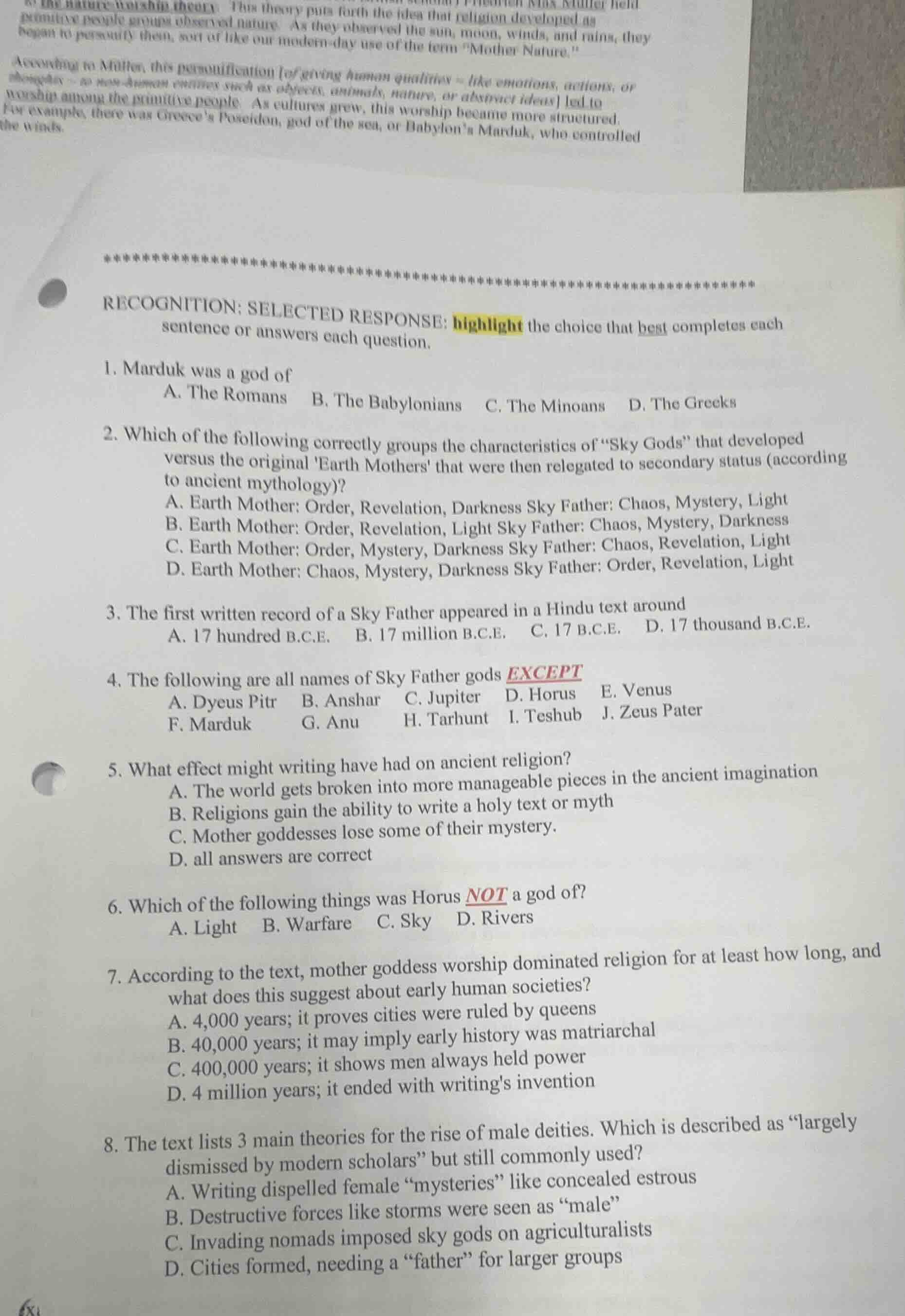 to the nature worship theory. this theory puts forth the idea that reli…