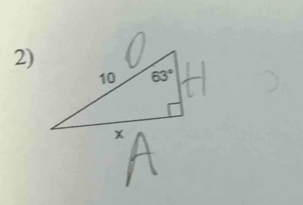 2) in a right triangle, the hypotenuse is 10, one acute angle is 63°, f…